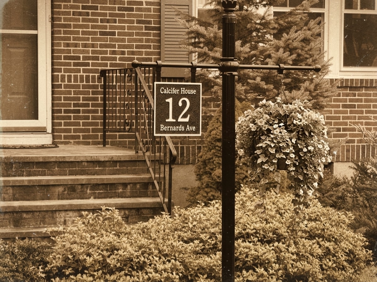 The Calcifer House plaque reading '12 Bernards Ave' mounted on a post in front of the home