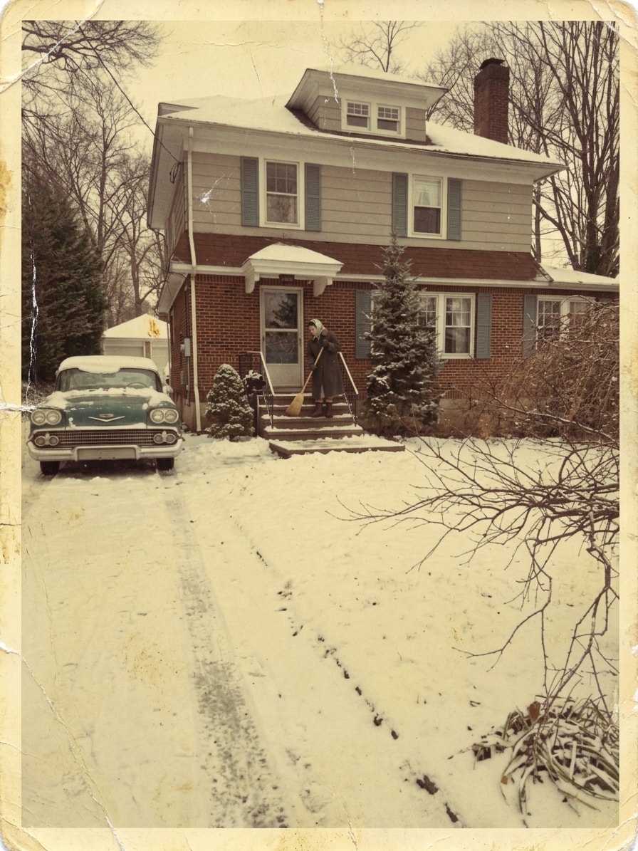 A resident sweeping snow from the front steps of Calcifer House, circa 1950s